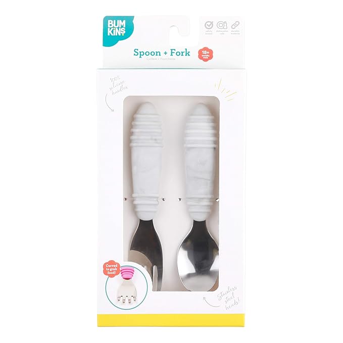 Bumkins Toddler Utensils, Kids Size Fork and Spoon Set, Silicone and Stainless-Steel Training Silverware, Angled Forks / Sporks for Self-Feeding, Children Hold Learning to Eat, 18 Months Up, Marble