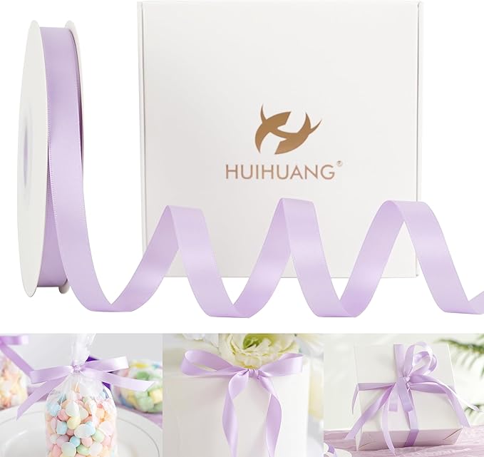 HUIHUANG Light Purple Satin Ribbon 1/2 inch Continuous 50 Yards Lilac Double-Faced Satin Ribbon for Gift Wrapping, Bows, DIY Crafts, Flower Bouquet, Wedding Bridal Shower Decor, Holiday Decor