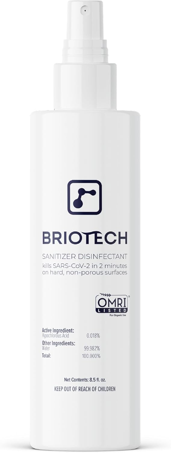 BRIOTECH Sanitizer Disinfectant Hypochlorous Spray, Kill 99.99% of Viruses & Bacteria, Control Mold, Eliminate Odor, Gentle for Nursery & Play Rooms, Food Contact Surface Sanitizer, 8 fl oz