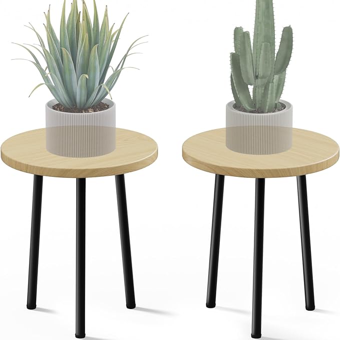 Plant Stand Indoor 2 Pack: Corner Wood 14 Inch Plant Stand Mid Century Modern Decor - Small Round Plant Table for Indoor Plants - Outdoor Plant Holder for Patio Living Room Bathroom Office (Burlywood)