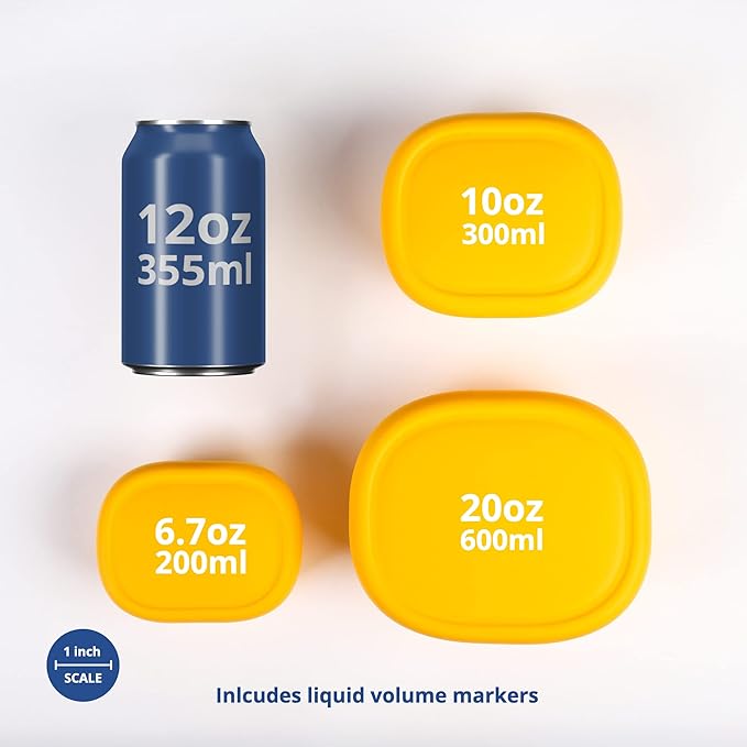 BLUE GINKGO Nesting Silicone Containers - Set of 3 Hard-Shell Silicone Food Storage Containers | BPA Free, Airtight, Dishwasher and Freezer Safe (6.7oz, 10oz, 20oz) - Yellow