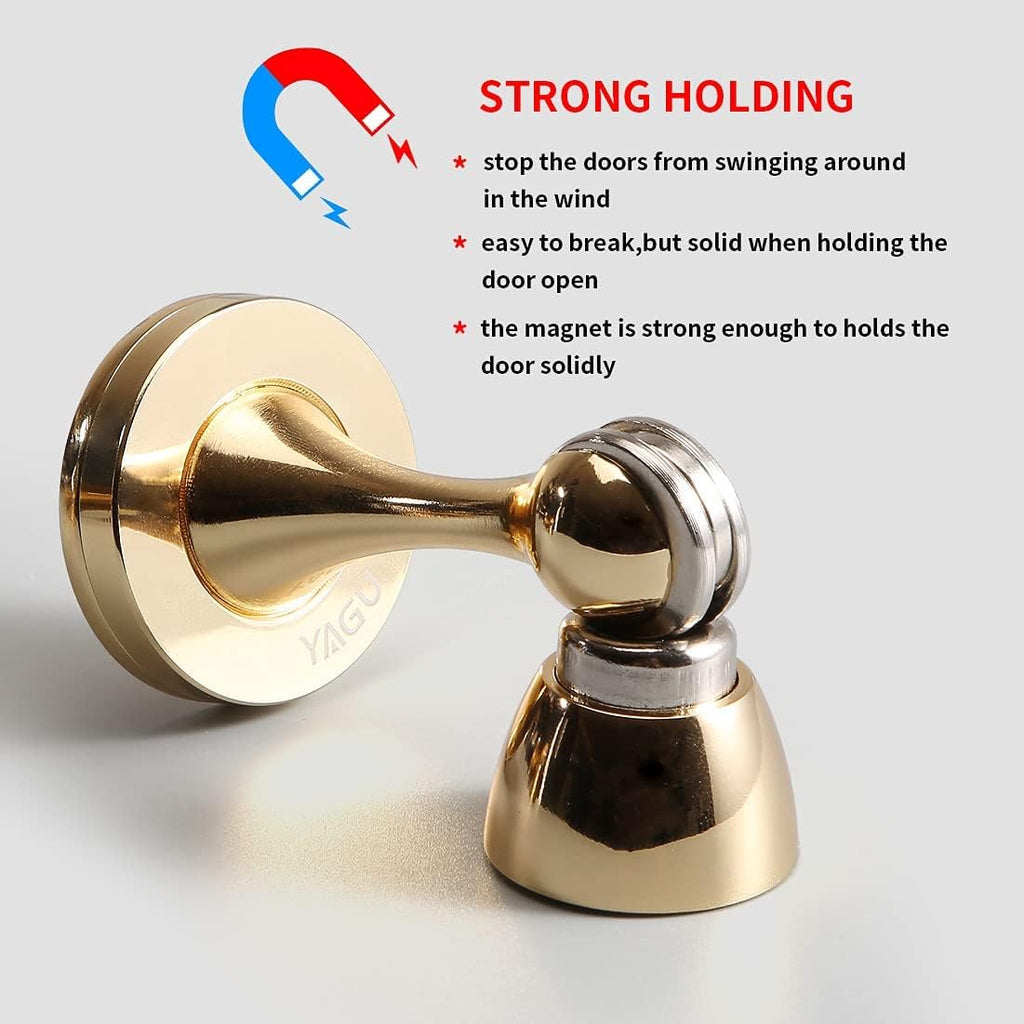 YAGU 1 Pack Magnetic Door Stopper Catch, Zinc Alloy Bright Gold Door Stops Holder Wall Floor Mounted, Magnet Metal Soft-Catch Doorstop
