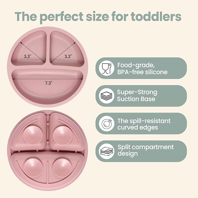 2 Pack Silicone Divided Baby Plates with Suction, 2 Pack Toddler Forks and Spoons Set, BPA Free, Baby Feeding Set for Toddler Utensils, Microwave and Dishwasher Safe