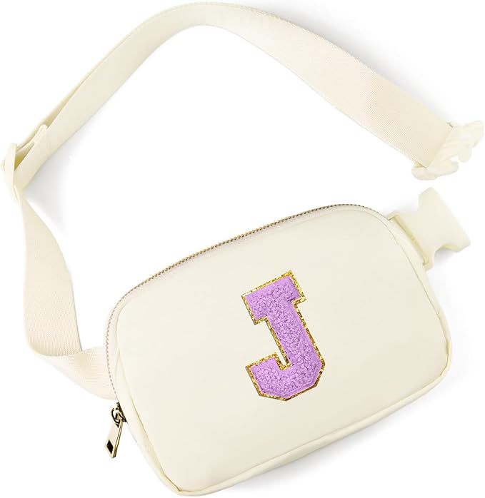 Gitus Gifts for 8 9 10 11 12 Year Old Girls Belt Bag Fanny Pack Crossbody Bags with Initial Letter Patch Cute Stuff Birthday Gifts for Teen Girls Women Personalized Trend Stuff (Ivory-J)