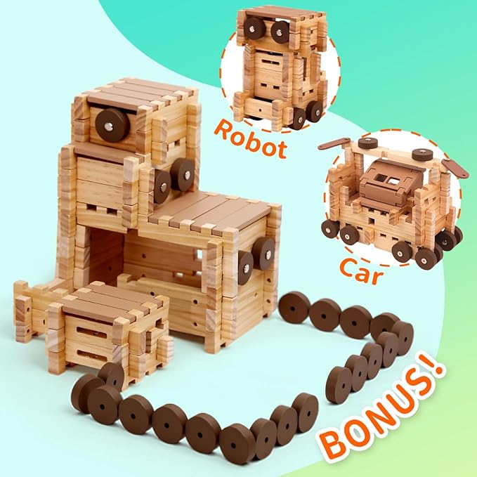 Jovi-mindly＆Notchies Wooden Blocks Train Set 101 PCS Create 40+ Shapes,Toys Educational Wooden Building Blocks Puzzles for Kids Ages 5-8 Boys and Girls,Truck/Excavator,FSC Certified,Graduate Gifts