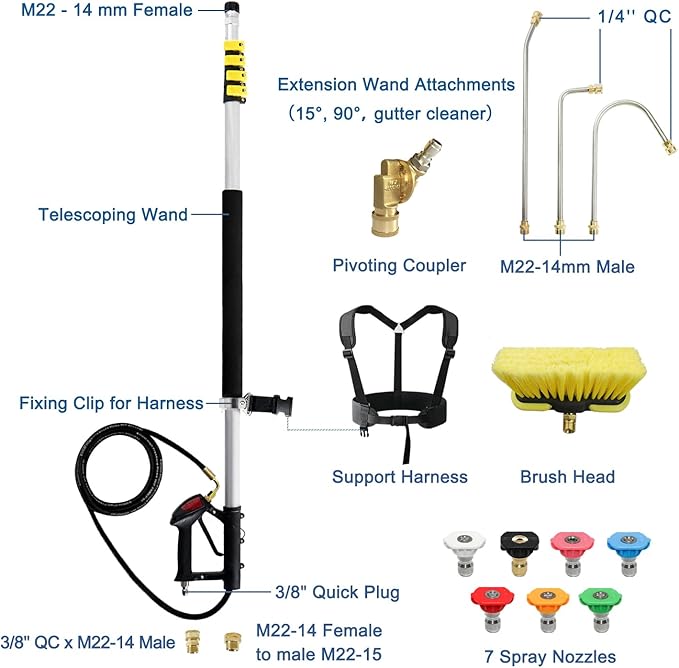 janz 24 FT, Aluminum Telescoping Pressure Washer Wand with 2 Pressure Washer Extension Wands,Gutter Cleaner Attachment, 7 Spray Nozzle Tips, 2 Hose Inlet Adapters, Pivoting Coupler and Support Harness