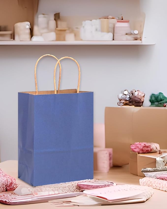 qiqee 32-Packs Deep Blue Paper Gift Bags with Handles Bulk 7.6"x4.75"x10.5" Medium Size Gift Bags Multiple Uses