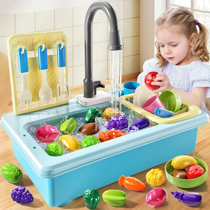 Play Sink with Running Water, Play Kitchen Toys Sink for Kids 3 4 5 6 7 Years Old, Electrical Dishwasher, Color Changing Kitchen Accessories, Dishes Games, Gifts for Toddlers 3-5