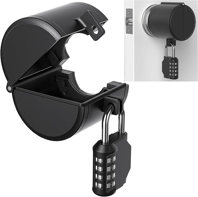 AST Door Knob Lockout Device with Passcode Padlock, Childproof Door Knob Cover, Lock Out to Smart Doorknob. Safety Cover for Faucet, Valve, Spigot. Prevent Access to Keyhole, Matte Black