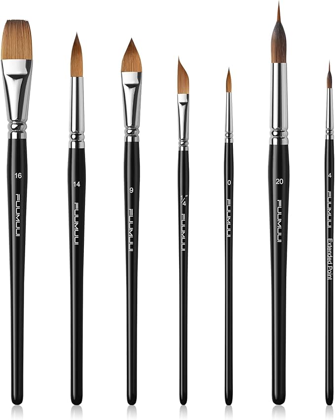 Watercolor Brush Set, Fuumuui 7pcs Professional Sable Paint Brushes with Extended Needle, Round Point, Flat, Dagger, Cat's Tongue for Watercolor, Acrylic, Gouache – Detail & Wash Painting