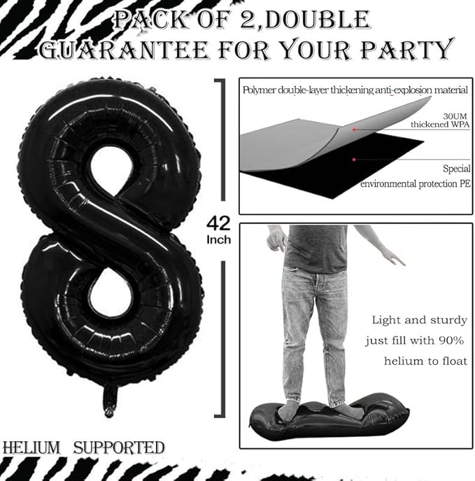 GOER Black Foil Balloons Number 8,Huge Number Balloons for 8th 18th 28th 38th 48th Birthday Party Supplies Anniversary Decorations (3 pcs,42 inch,32 inch,16inch)