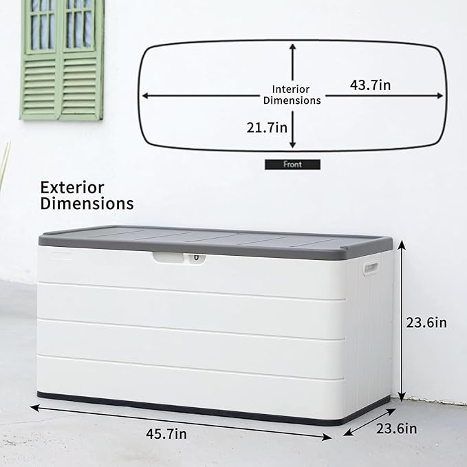 100 Gallon Plus Resin Deck Box, Waterproof Outdoor Storage Bin for Patio Furniture, Pool Accessories, and Garden Tools, Lockable & UV-Resistant, White