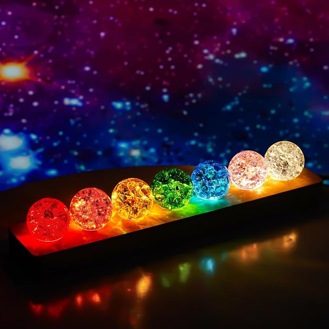 7 Colors 40mm Ice Cracked Balls Crystal Chakra Balls with LED Wooden Base Glass Healing Sphere Balls with Stand Night Light Decoration Quartz for Home Living Room