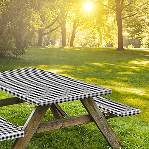 8ft Picnic Table and Bench Cover, Camping Essentials RV Gear, 96 in Waterproof Windproof Outdoor Elastic All Around Tablecloth, Fitted Rectangle Tables and Seats, Black-White Checkered - color: Black-white Checkered, size: 96"
