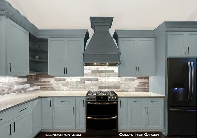 ALL-IN-ONE Paint, Durable cabinet and furniture paint. Built in primer and top coat, no sanding needed. Includes our 30 featured color card - Irish Garden (blue green), Quart