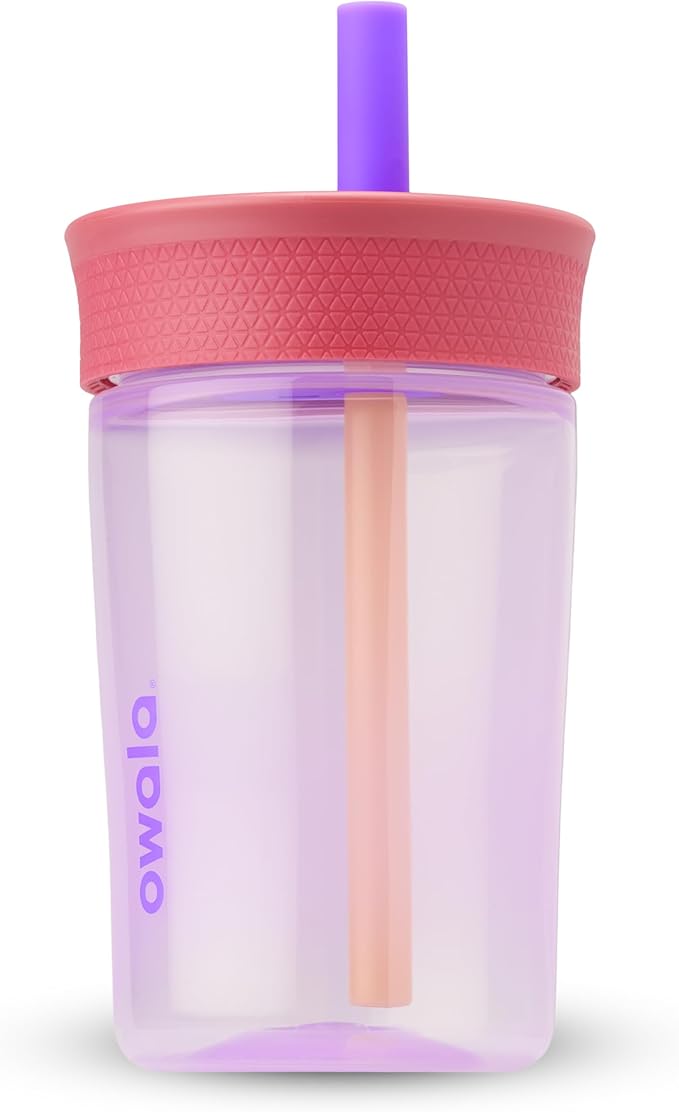 Owala Kids BPA-Free Plastic Tumbler with Spill Resistant Flexible Straw, Easy to Clean, Kids Water Bottle, Great for Travel, Dishwasher Safe, 15 Oz, Pink and Purple (Lilac Rocket)