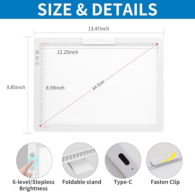 Rechargeable A4 Light Pad with Innovative Stand and Top Clip, Elice Wireless Bright Light Tracing Board Portable LED Artcraft Tracer Box for Drawing, Cricut Weeding Vinyl, Diamond Painting (White)