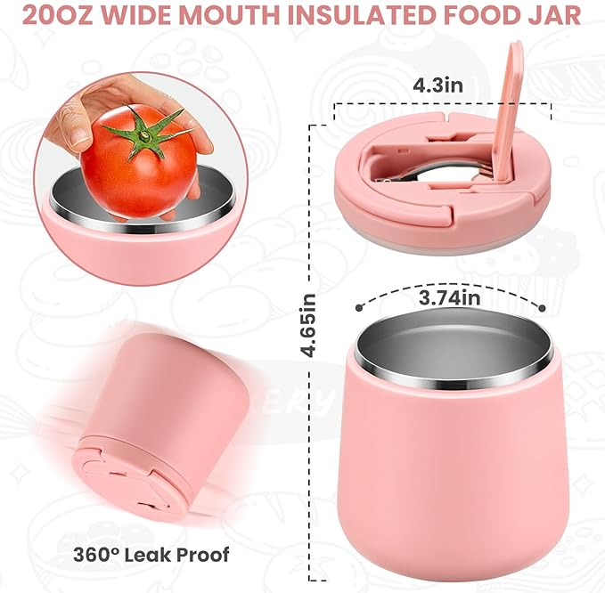 Soup Thermo for Hot Food 20oz Lunch Containers with Buckle Lid Wide Mouth Hot Food Jar Vacuum Insulated Stainless Steel Bento Box Leakproof with Spoon(Pink)