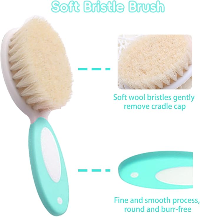 Baby Hair Brush and Comb Set, 4Pcs Baby Soft Bristles Hairbrush Cradle Cap Brush Hair Comb for Newborns Toddlers Boys Girls (Green)
