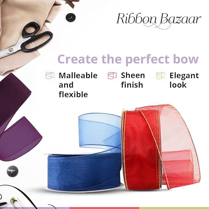 Ribbon Bazaar Sheer Organza Wired Ribbon - 100% Polyester Wire Edged Ribbon for Floral Decor, Table Arrangements, Apparel Embellishment & More - 1-1/2" Purple 25yd