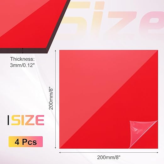uxcell 4Pcs Acrylic Sheets 8x8 Inch Acrylic Panel 1/8 Inch-3mm Plastic Board for Picture Frames Sign Holders DIY Display Projects Craft, Clear Red
