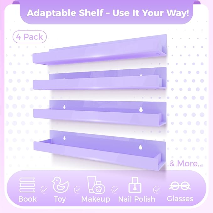 4 Pack 15 Inch Purple Acrylic Shelves, Kids Floating Bookshelf for Kids Room, Modern Nail Polish Rack Sunglasses Essential Oil Picture Ledge Display Toy Storage Wall Shelf