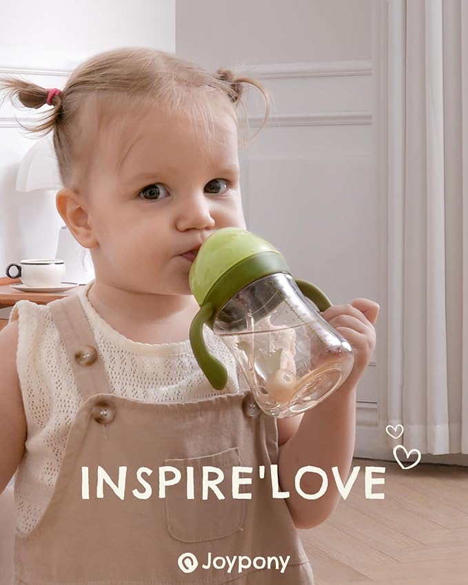 Sippy Cups for Toddlers 1-3, Spill Proof Weighted Straw Cup with Handle for Baby 6 Months + old, 2 Silicone Straws, PPSU, BPA Free, 9 oz (Green)