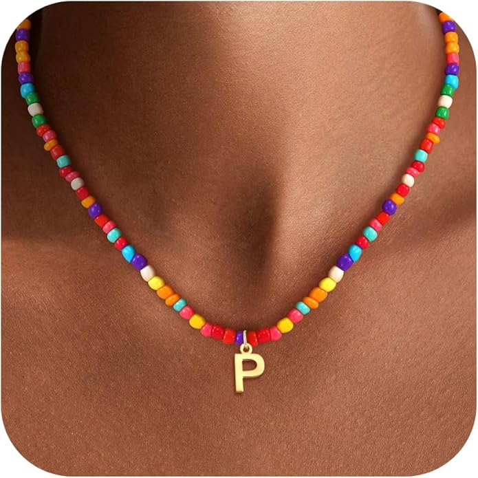 Colorful Initial Necklaces for Girls Kids Women, Cute Beaded Initial Necklace Teen Girl Gifts Trendy Stuff, Bohemian Letter Necklace Birthday Gifts for Women Girls Jewelry