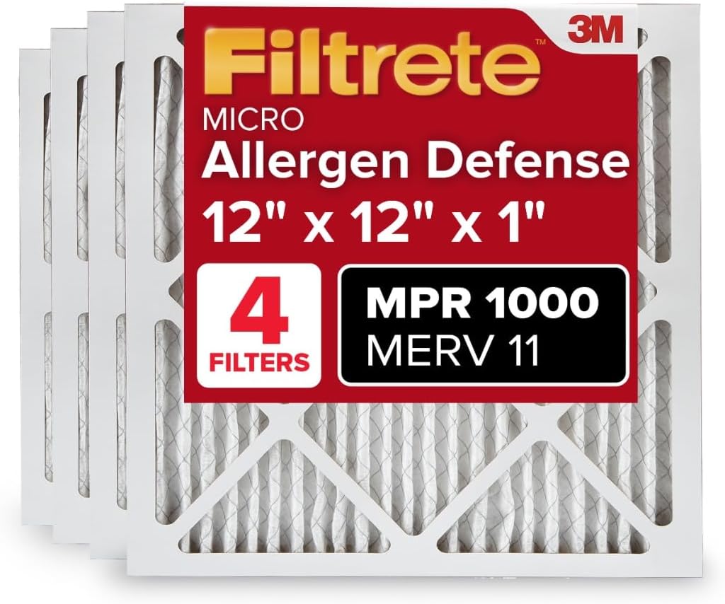 Filtrete 12x12x1 AC Furnace Air Filter, MERV 11, MPR 1000, Micro Allergen Defense, 3-Month Pleated 1-Inch Electrostatic Air Cleaning Filter, 4 Pack (Actual Size 11.81x11.81x0.81 in)