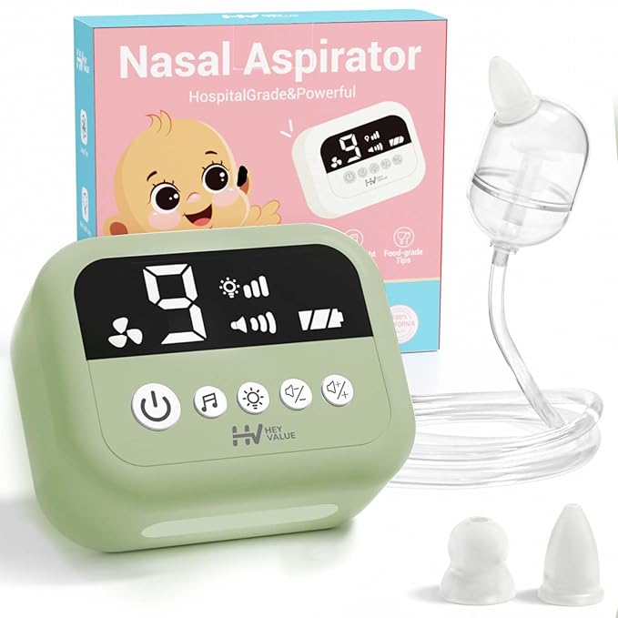 HEYVALUE Nasal Aspirator for Baby, Hospital Grade Nose Sucker with 9 Levels Suction, Night Light and Nursery Rhyme Soothing, Electric Nose Suction for Baby with Food-Grade Silicone Tips Green
