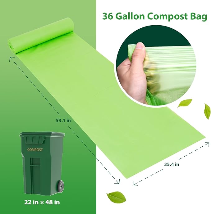 GreFusion Compostable 36 gallon Trash Bags, Extra Thick 1.28 Mills, Compost 36 Gal Trash Bags (Kitchen Tall Garbage Bags), Compostable Lawn & Leaf Yard Waste bags,ASTM D6400,Bpi Certified