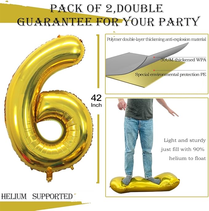 GOER Gold Foil Balloons Number 6,Huge Number Balloons for 6th 66th Birthday Party Supplies Anniversary Decorations (3 pcs,42 inch,32 inch,16inch)