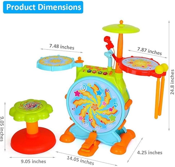 Play Baby Musical Big Toy Kids Drum Set with Adjustable Mic and Seat - Many Functions and Activities for Hours of Play - Pretend to Be A Real Drummer with Drumsticks, Pedals, and Bass Drum