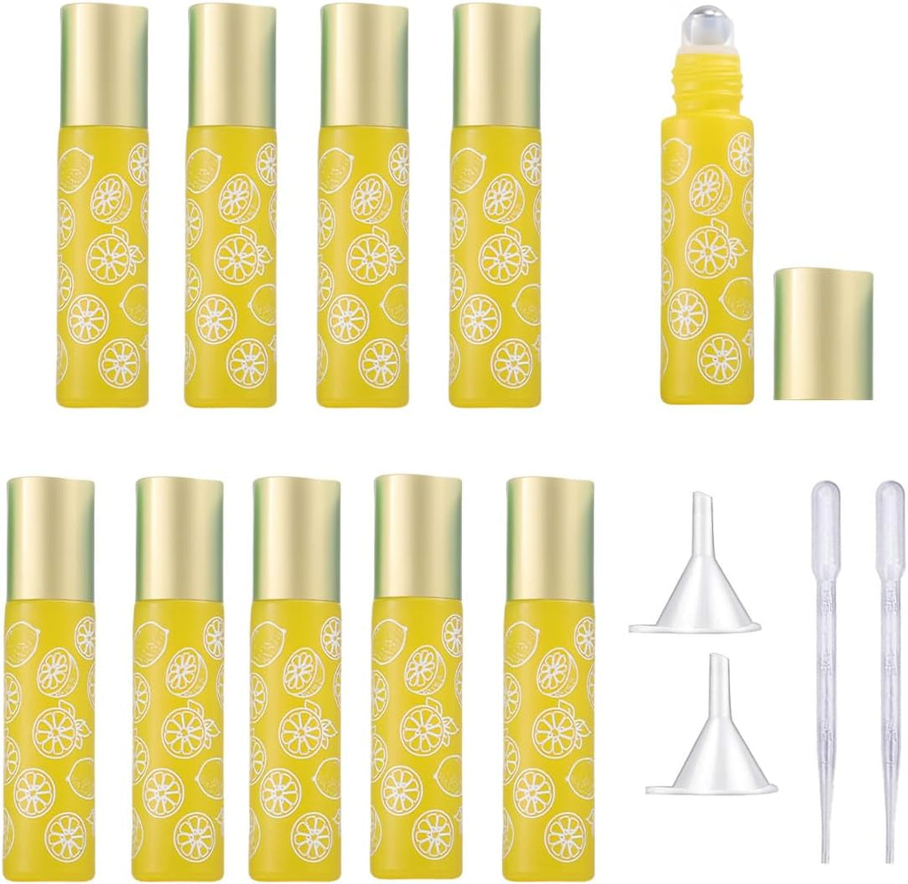 10 Pcs Yellow Glass Essential Oil Roller Bottles,10ml Empty Refillable Roll on Bottles,Glass Travel Roller Bottles with Stainless Steel Roller Balls for Essential Oil,Perfume,Aromatherapy,Lip Balms