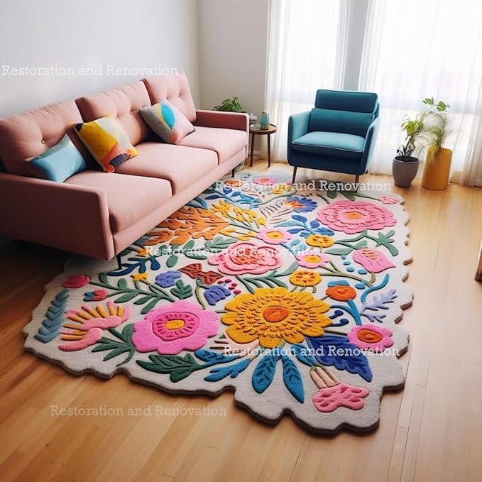 Handmade Wool Floral Area Rug for Living Room | Elegant Flower Garden Design, Soft, Thick and Durable | Bedroom, Dining Room & Home Decor Carpet (9' x 13', Floral H)