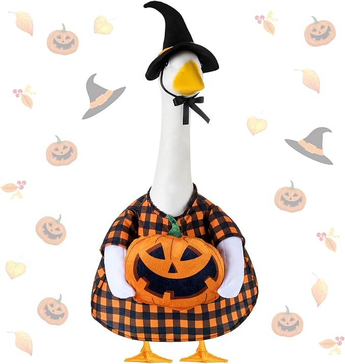 Sanwuta 1 Set Halloween Porch Goose Outfit Pumpkin Pillow Design with Hat for 23" Lawn Cement Goose Porch Geese Clothes Costume for Halloween Garden Patio Yard Outdoor Decorations