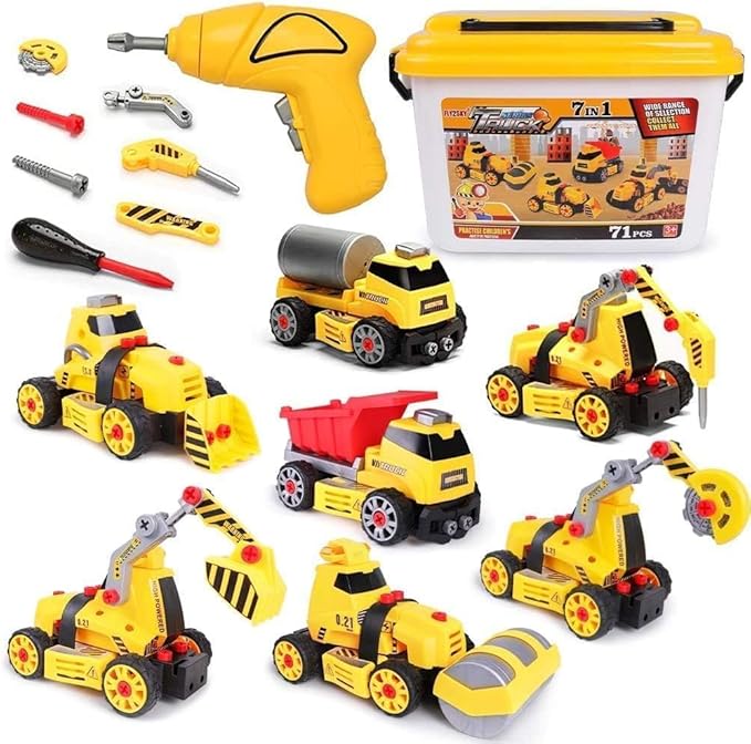 7 in 1 Take Apart Toys with Electric Drill Take Apart Truck Toys Construction Set DIY Engineering Building Toy Push Go STEM Toy Gift for Boys Toys Ages 4-7 Years Old