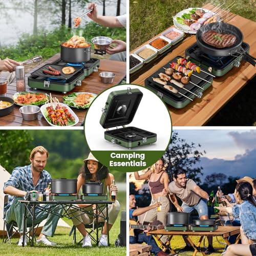 OGERY 2-Burner Foldable Camping Stove with Griddle (Textured & Smooth) and Carrying Bag, Portable Propane Camp Stove with 2 Adjustable Burners & Piezo Ignition, for Camping Tailgating Essentials Gear - color: Green