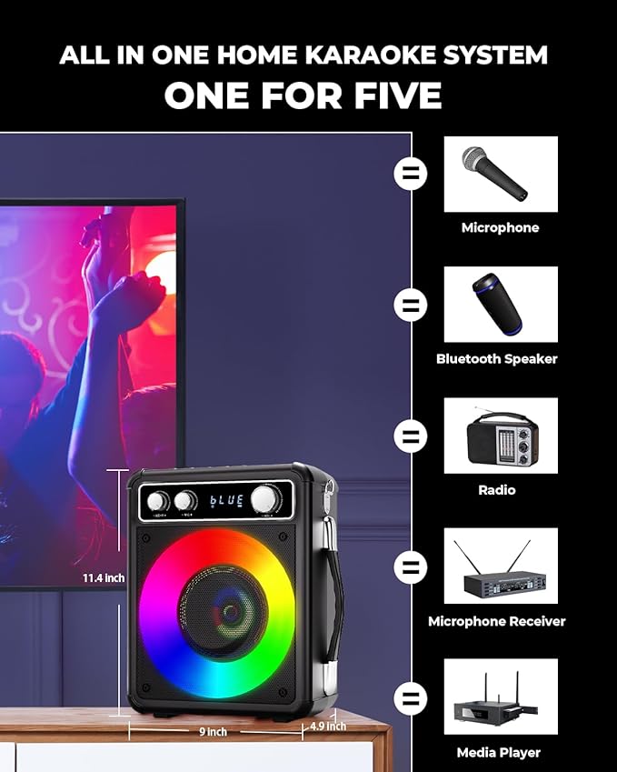 Karaoke Machine, Portable Bluetooth Karaoke Speaker with 2 Wireless Microphones, PA System for Adults Kids with LED Lights, Supports FM/AUX/USB/TF for Home Party