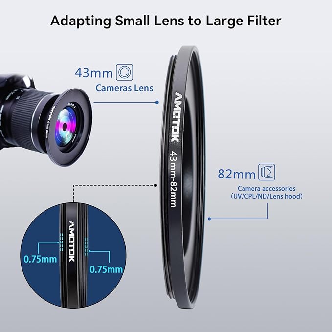 43mm to 82mm Lens adapter/43mm Lens to 82mm Camera Filters Ring Compatible All 43mm Camera Lenses to 82mm UV CPL ND Filter Accessory and 82mm Lens Hood(43-82mm)