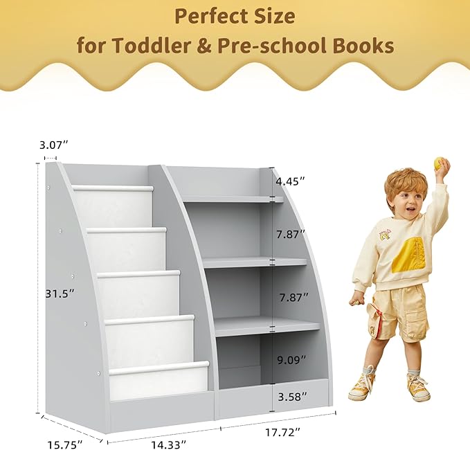 4 Tier Kids Bookshelf,4 Layer Sling Kids Book Shelf for Kids Rooms,Wood Children Bookcase,Baby Storage Book Rack,Toddler Bookshelf, Book and Toy Organizer,Book Display Shelf for Bedroom, Nursery