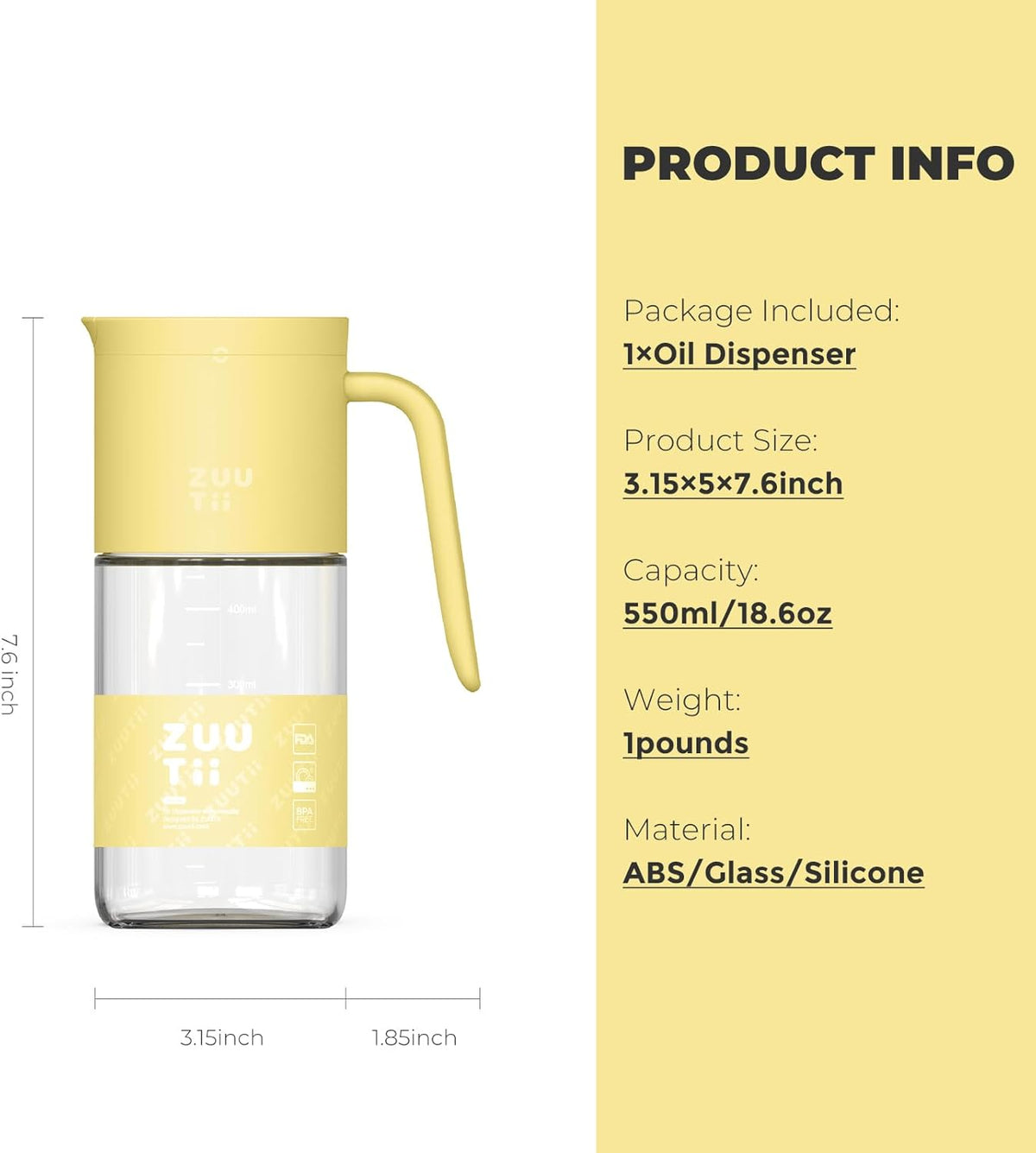 Zuutii Olive Oil Dispenser Bottle 18.6oz – Auto Flip Glass Vinegar Bottle with No-Drip Spout for Kitchen Cooking, Oil and Sauce Dispenser,Yellow
