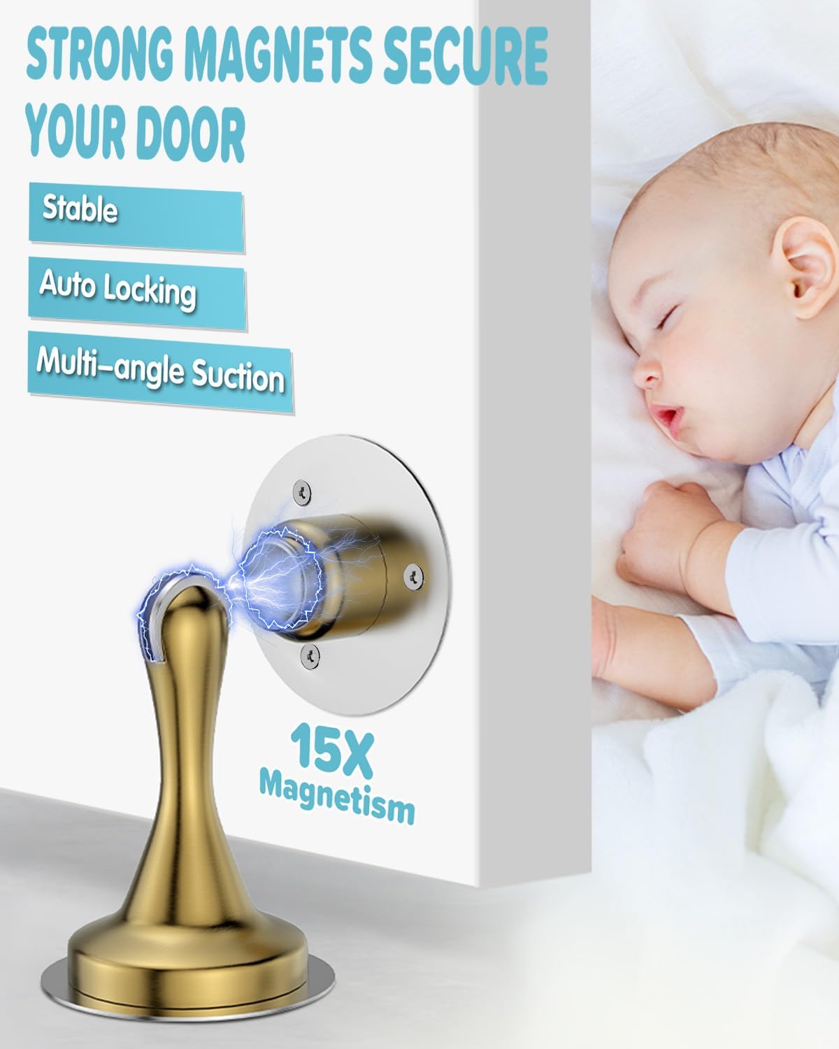 Door Stoppers Magnetic Door Catch - 6 Pack Stainless Steel Heavy Duty Door Stops for Bottom of Door, Wall & Floor Mounting No-Drill Strong Adhesive & Screws, Strong Door Holder to Keep Door Open,Gold