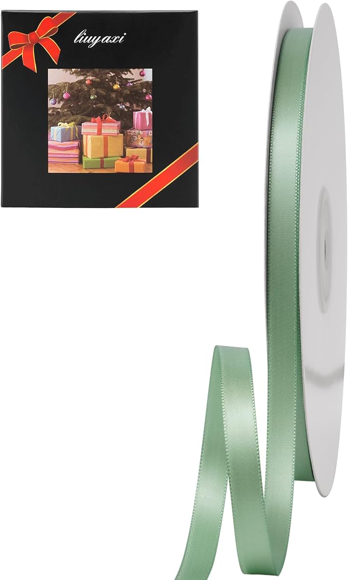 LIUYAXI Sage Green Double Faced Satin Ribbon, 1/4" X Continuous 50 Yards, Thin Ribbons Perfect for Gift Wrapping Wedding Invitation Card Hair Bows Tag Floral Arrangement DIY Craft