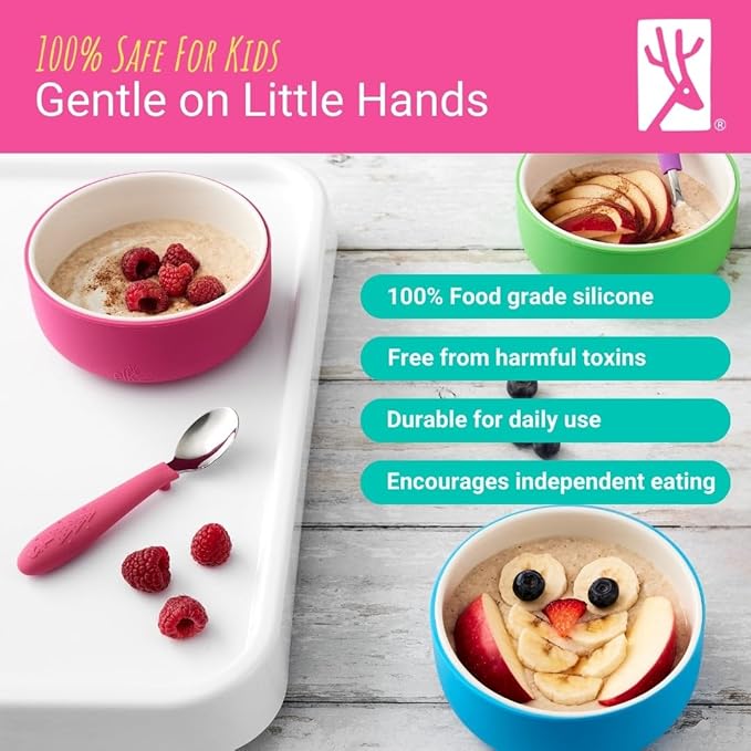 Elk and Friends Kids Porcelain Bowls with Silicone Sleeve + Silicone Lid | Kids/Toddler/Baby Feeding | Microwave & Dishwasher Safe | Non slip | Cereal/Soup/Snack Dishes & Dinnerware