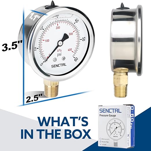 SENCTRL 60 Psi Glycerin Liquid Filled Low Pressure Gauge, 2.5" Dial Size, 1/4" NPT Lower Mount, Stainless Steel Case, Pool Sand Filter Water Pump Tire Water Oil Air Pressure Test