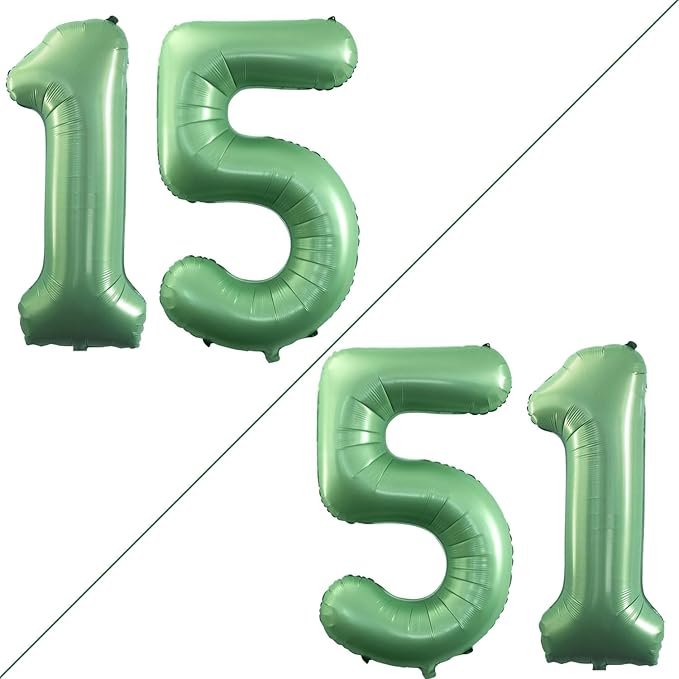 GOER Number 15 Balloons for 15th Birthday Sweet 15 Party Decorations,42 Inch Jumbo Foil Helium 51 Balloons for 51st Birthday Party Decoration (Sage Green)