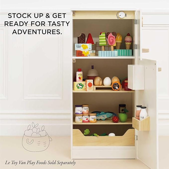 Le Toy Van – Wooden Stand Alone Fridge Freezer Set | Grand Free Standing Refrigerator & Freezer with Accessories Pretend Play Set – Suitable for 36+ Months
