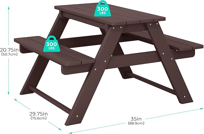 Costaelm Kids Picnic Table, HDPE All Weather Outdoor Toddler Picnic Table and Chair Set Kids Bench for Patio, Backyard, Garden, Lawn, Dark Brown