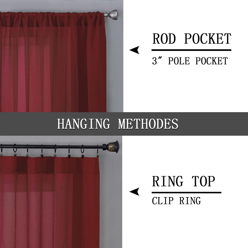 Tollpiz Sheer Curtain Linen Textured Living Room Curtains Sheer Light Filtering Rod Pocket Voile Curtain for Bedroom, 54 x 72 inches Long, Burgundy Red, Set of 2 Panels